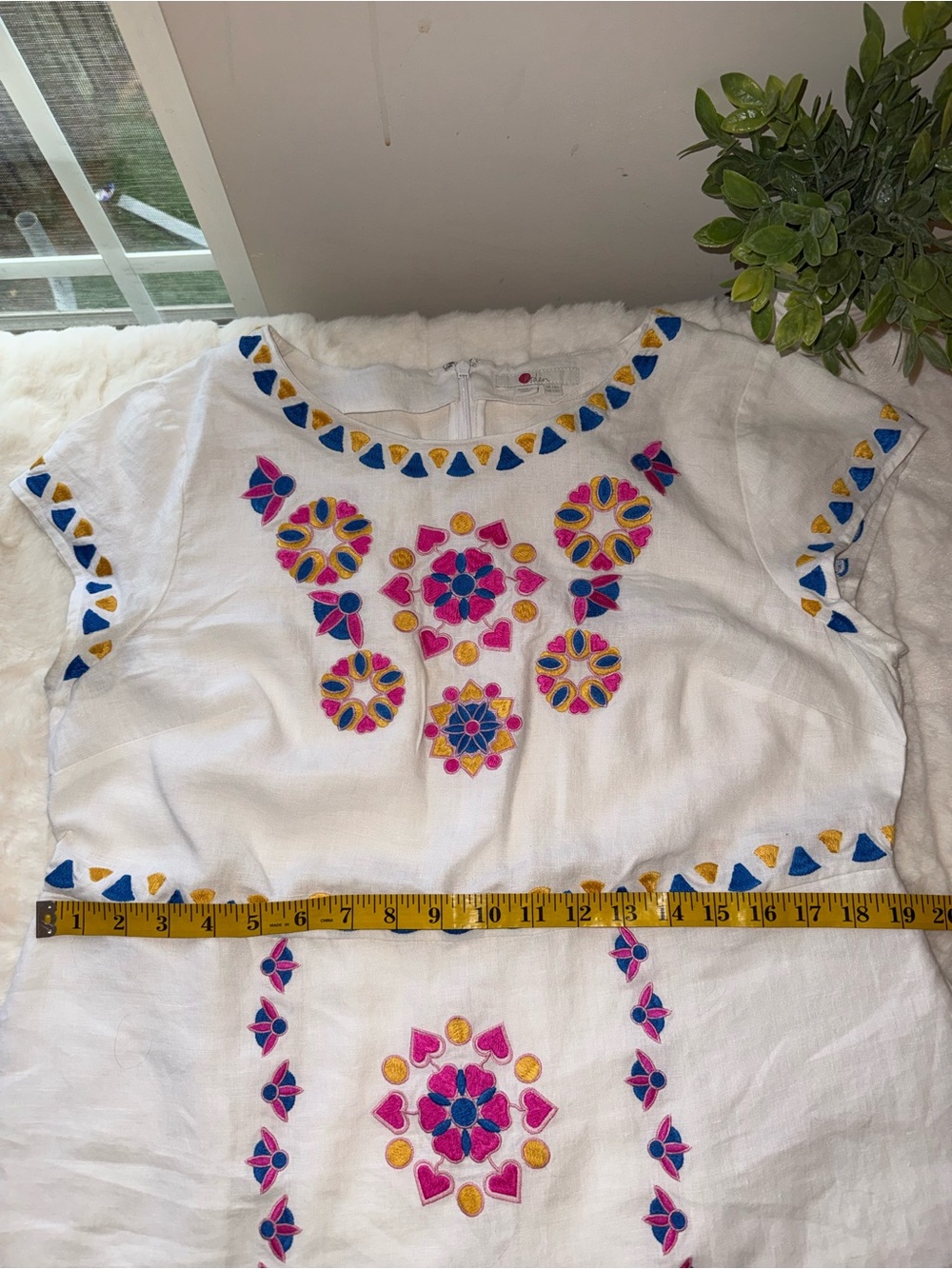 Boden White Linen Midi Dress with Pink, Yellow & Blue Embroidery - Size 12 - Picture 10 of 10